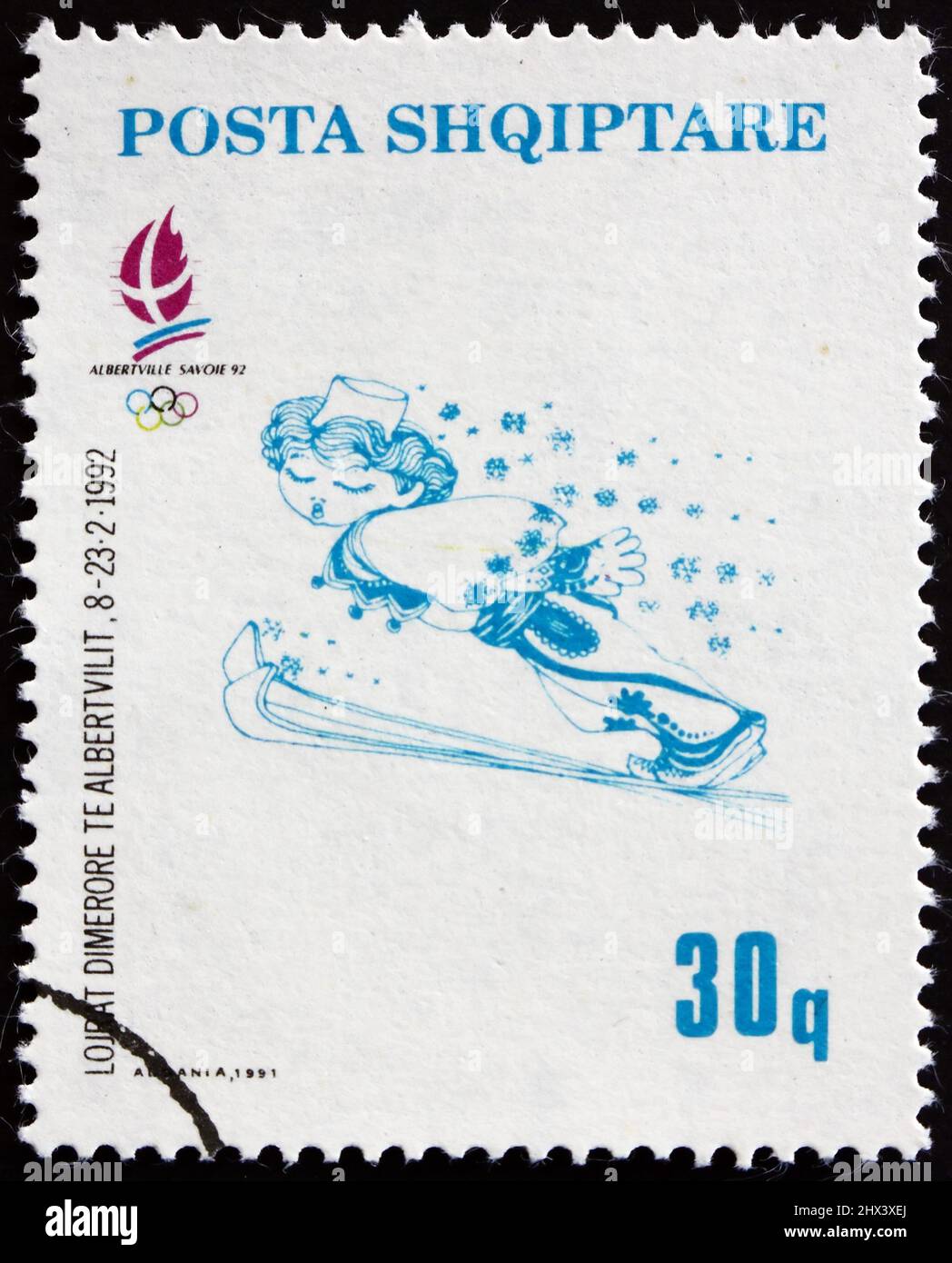 ALBANIE - VERS 1992 : un timbre imprimé en Albanie montre le saut à ski, Jeux olympiques d'hiver de 1992, Albertville, vers 1992 Banque D'Images