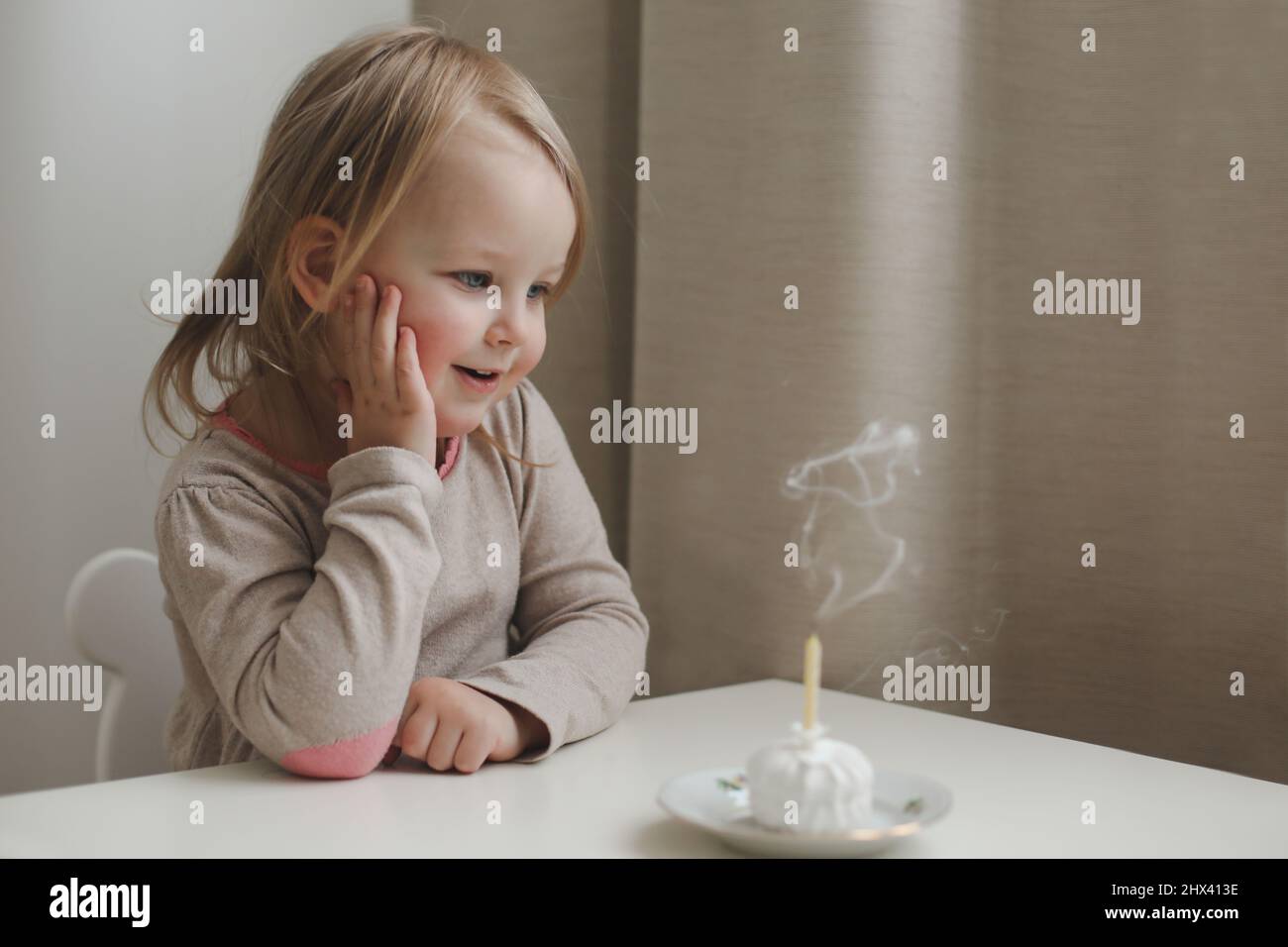 Mignon belle petite fille de bébé célébrant l'anniversaire. Enfant soufflant une bougie sur un gâteau. Fête d'anniversaire en famille pour un enfant adorable, magnifique Banque D'Images