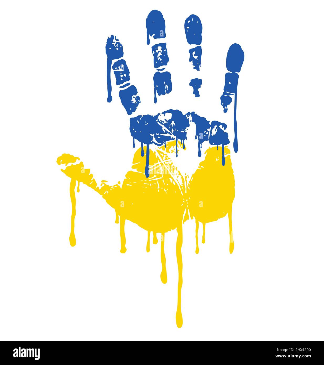 Bloody main imprimé peinture goutte à goutte sur ukraine main imprimé couleurs bleu et jaune vecteur anti guerre isolé sur fond blanc Illustration de Vecteur