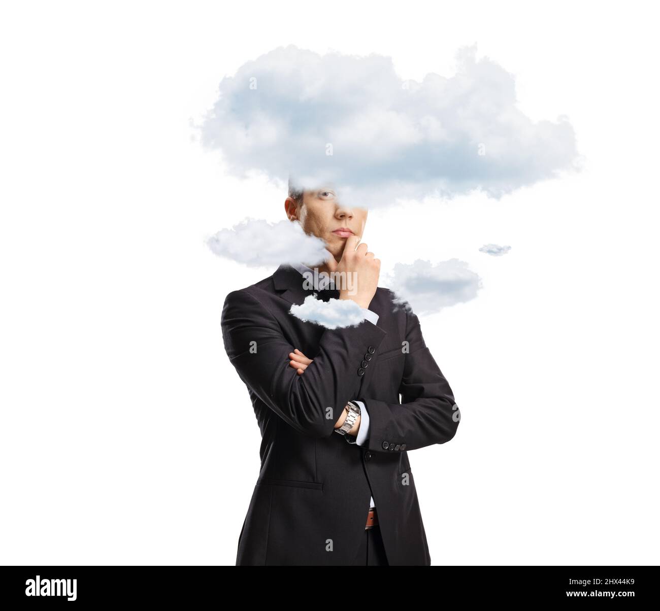 Homme professionnel pensant avec des nuages autour de sa tête isolé sur fond blanc Banque D'Images
