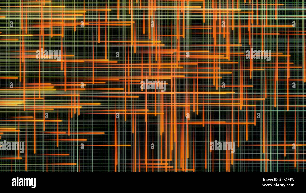 Abstrait coloré fines lignes droites coulant sur fond noir, boucle sans couture. Les rayons orange et vert circulent et se croisent. Banque D'Images