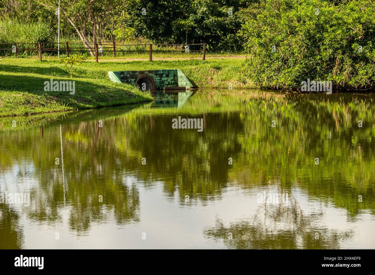 Goias, Goias, Brésil – 07 mars 2022 : paysage d'un parc très boisé et d'un lac, dans la ville de Goiânia. Banque D'Images