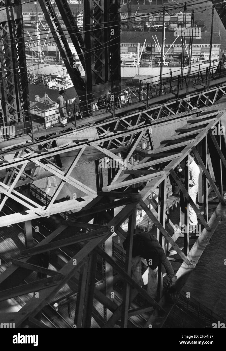Comme les araignées occupées dans une immense toile d'acier, l'équipe de peintres sur le pont grimpent de manière non chalante au sujet de leur travail. 01 février 1951. Banque D'Images