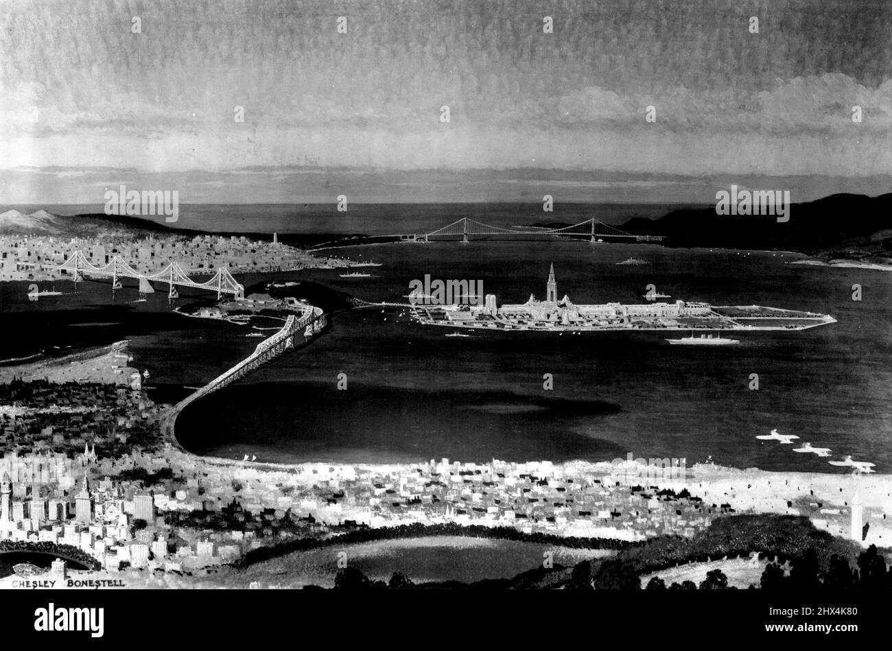 Dans son cadre spectaculaire entre les deux plus grands ponts du monde qui s'étendent sur la baie de San Francisco, est le site de l'exposition internationale 1939 qui est maintenant reprise sur Yerba Buena Shoals. Le site de 400 acres, plus grand que le siècle de progrès de Chicago, nécessitera le remplissage de 20 000 000 yards cubes de matériaux et la construction d'un sentier côtier de 16,000 pieds autour de ses frontières. Les villes de la région de la baie de San Francisco, qui compte plus de 2 000 000 000 personnes, accueilleront le monde en 1939, à l’occasion de la célébration de l’achèvement du pont de la baie de San Francisco-Oakland (premier plan gauche et mondial) Banque D'Images
