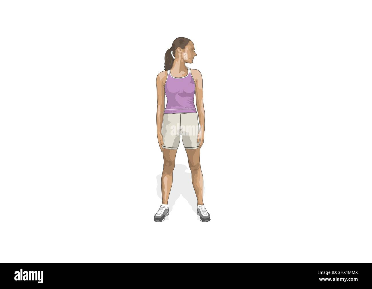 Exercice de réadaptation, extension du cou et flexion, femme debout avec les bras sur le côté, jambes largeur de hanche écartées, tête regardant sur le côté Banque D'Images