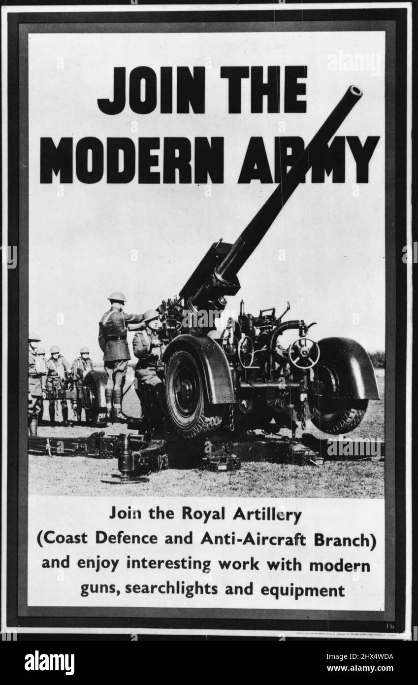 Affiches avec Une publicité moderne « complète » pour l'armée moderne -- Une affiche picturale qui exalte les vertus de l'armée moderne. Une exposition de la nouvelle série d'affiches de recrutement pour l'Armée moderne a été donnée au Central London Recruiting Depot, Old Scotland Yard, S.W. 20 juin 1938. (Photo de Totopique Press). Banque D'Images