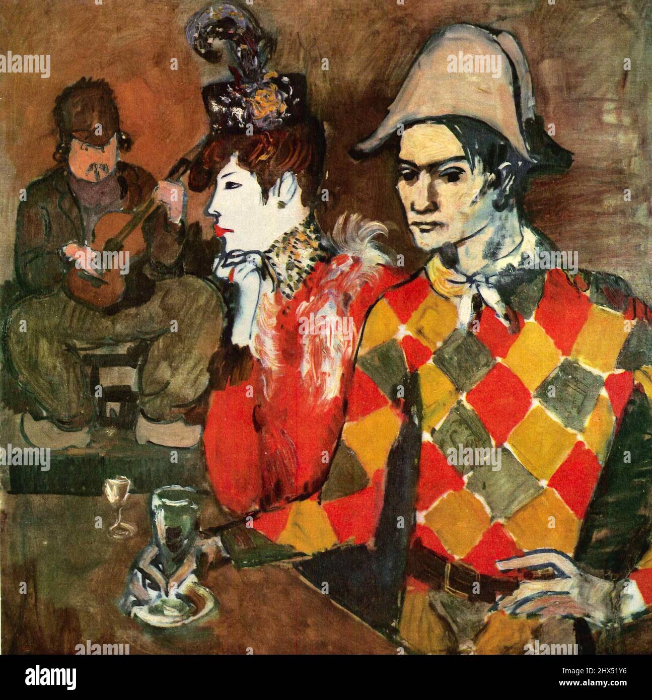 Pablo Picasso, au lapin Agile (1905), au lapin Agile, im Wirtshaus Lapin Agile, 巴勃羅·畢卡索, Arlekin trzyma kieliszek, aktorka kabaretowa, kurtyzana Banque D'Images