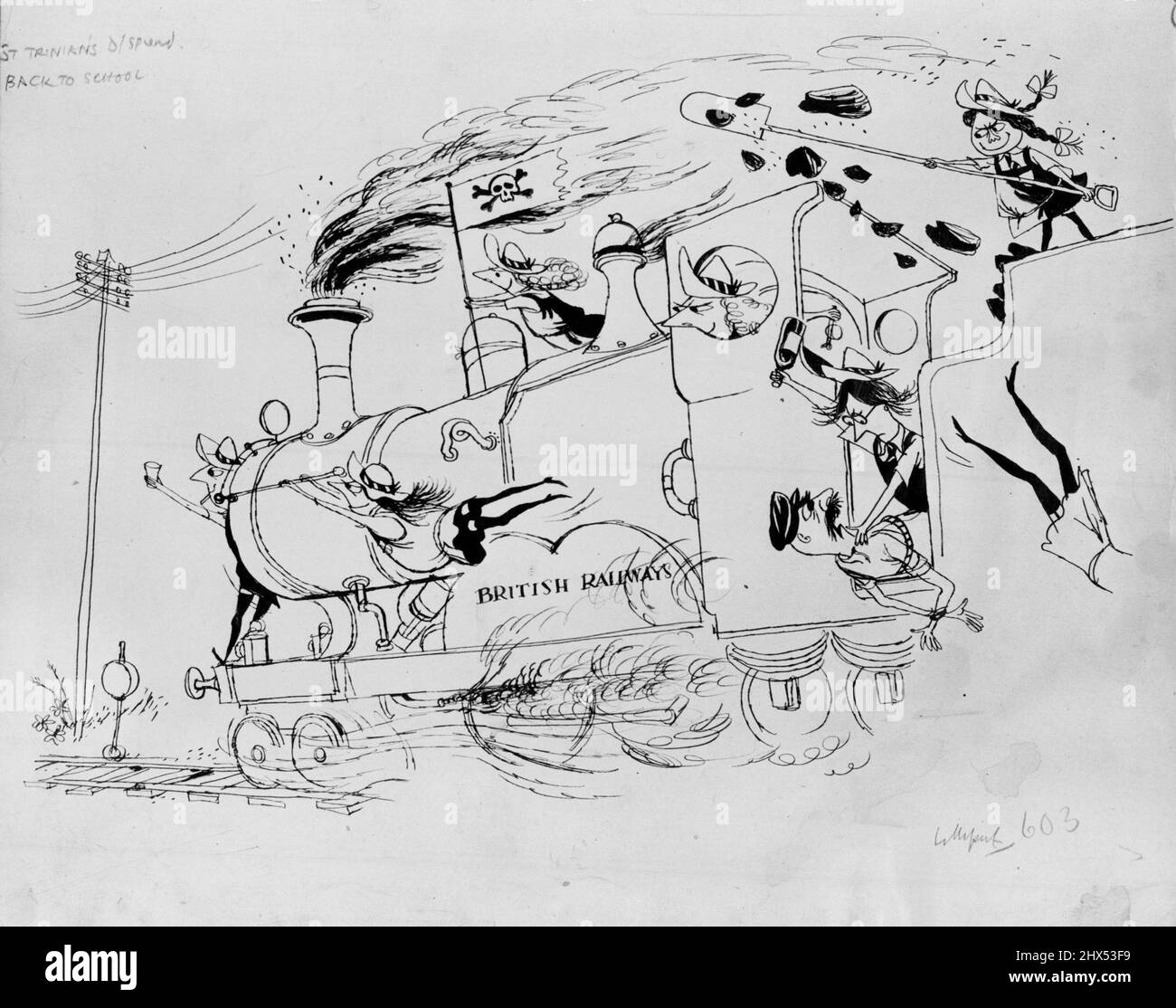 Le travail de Ronald Searle: "Filles sur un train". 12 juillet 1950. Banque D'Images