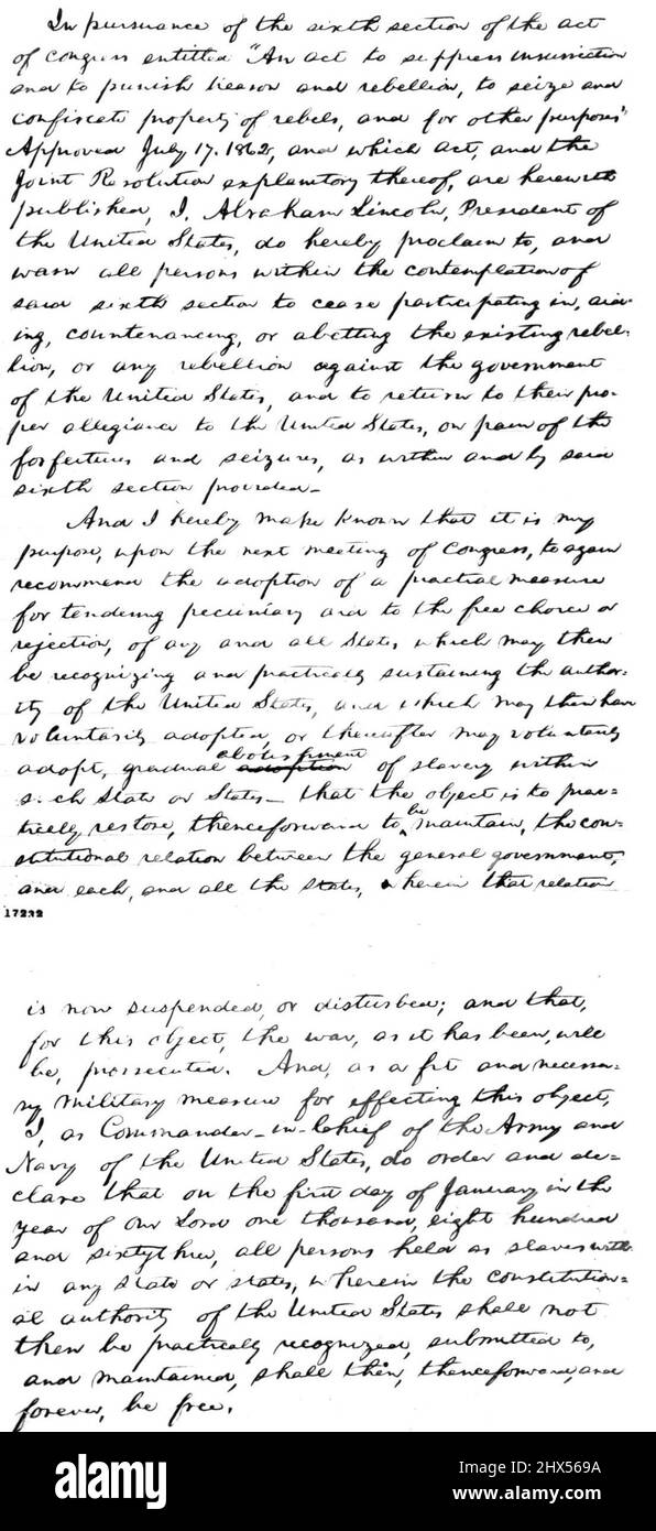 Cette copie de deux pages de la collection rendue publique à la Bibliothèque du Congrès à Washington, en juillet 26, est la première ébauche de la célèbre Proclamation d'émancipation d'Abraham Lincoln. 27 juillet 1947. (Photo par photo de presse associée). Banque D'Images