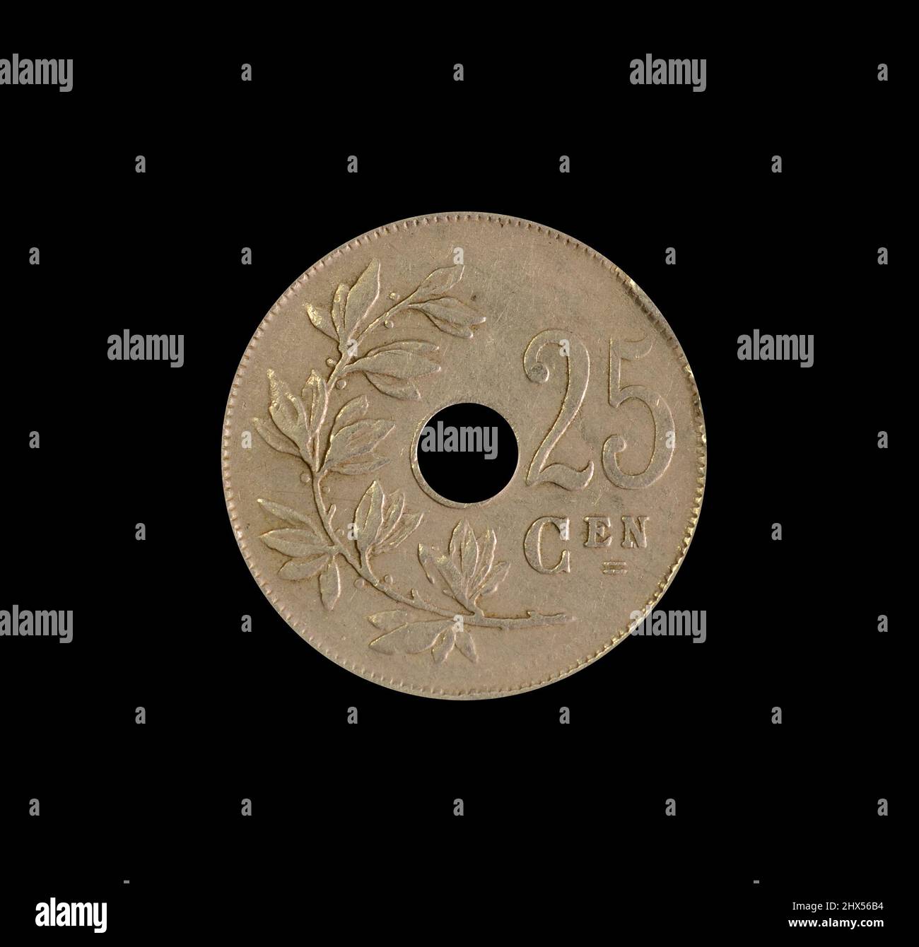 Pièce de 25 centimes fabriquée par la Belgique, qui montre une branche d'olive en forme de C 30 feuilles et valeur numérique Banque D'Images