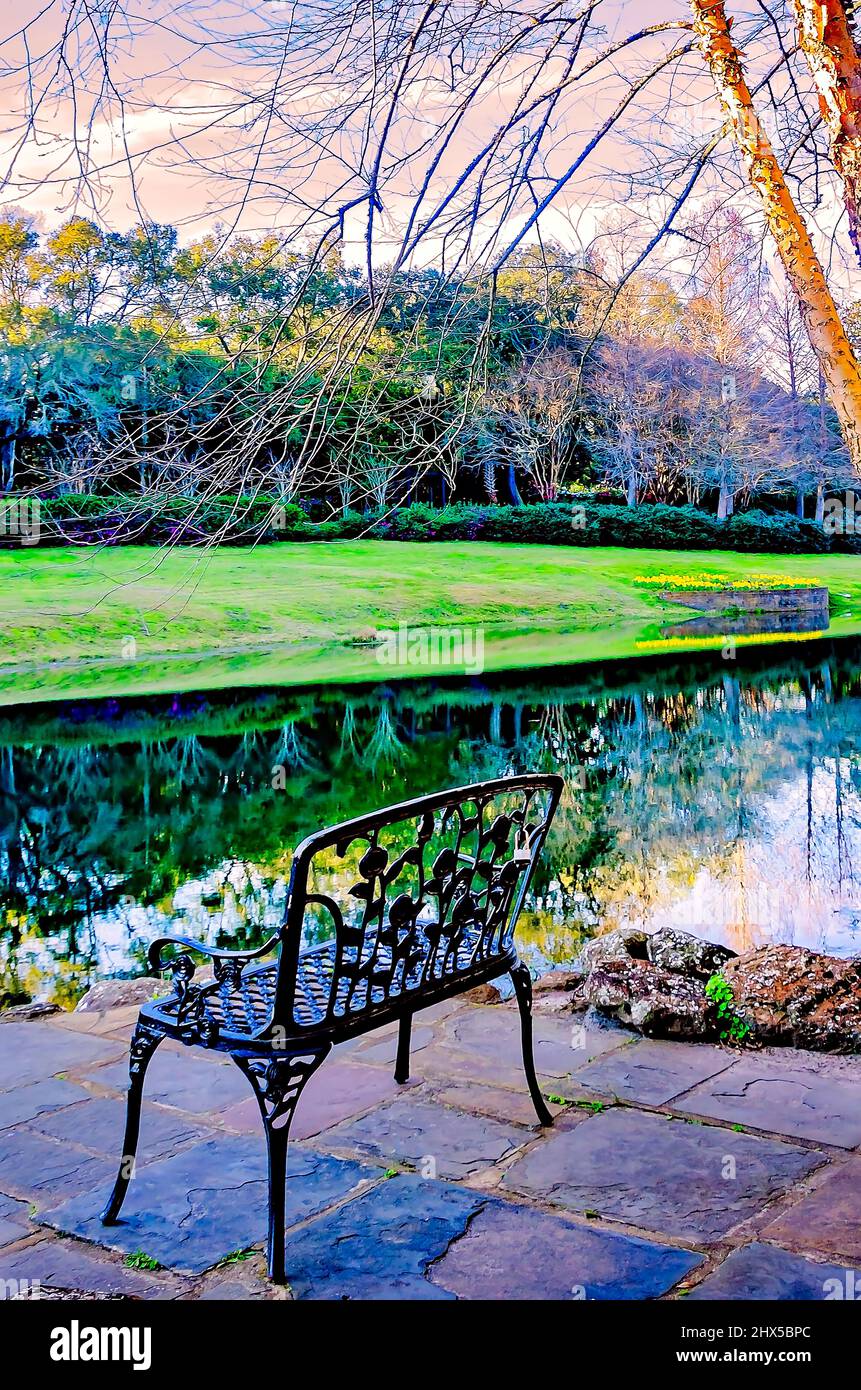 Le lac Mirror est photographié aux jardins Bellingrath, le 4 mars 2022, à Theodore, Alabama. Les jardins de 65 hectares ont ouvert au public en 1932. Banque D'Images