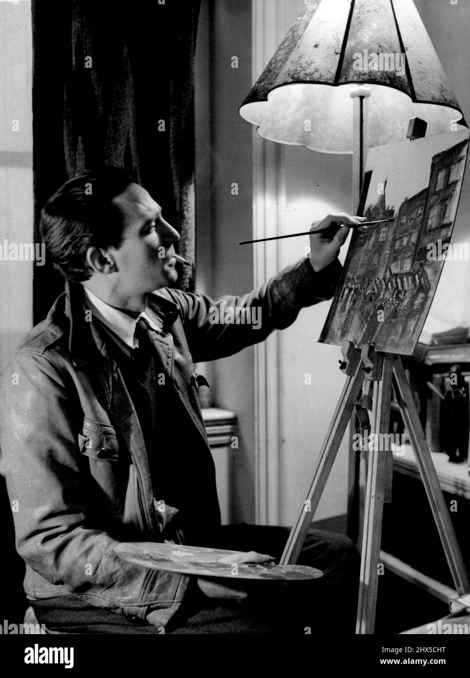 Peter Finch, dont la vie est tzigane, a fait un hobby dans la peinture des scènes de Londres - et en a fait une bonne poing. 17 janvier 1951. Banque D'Images