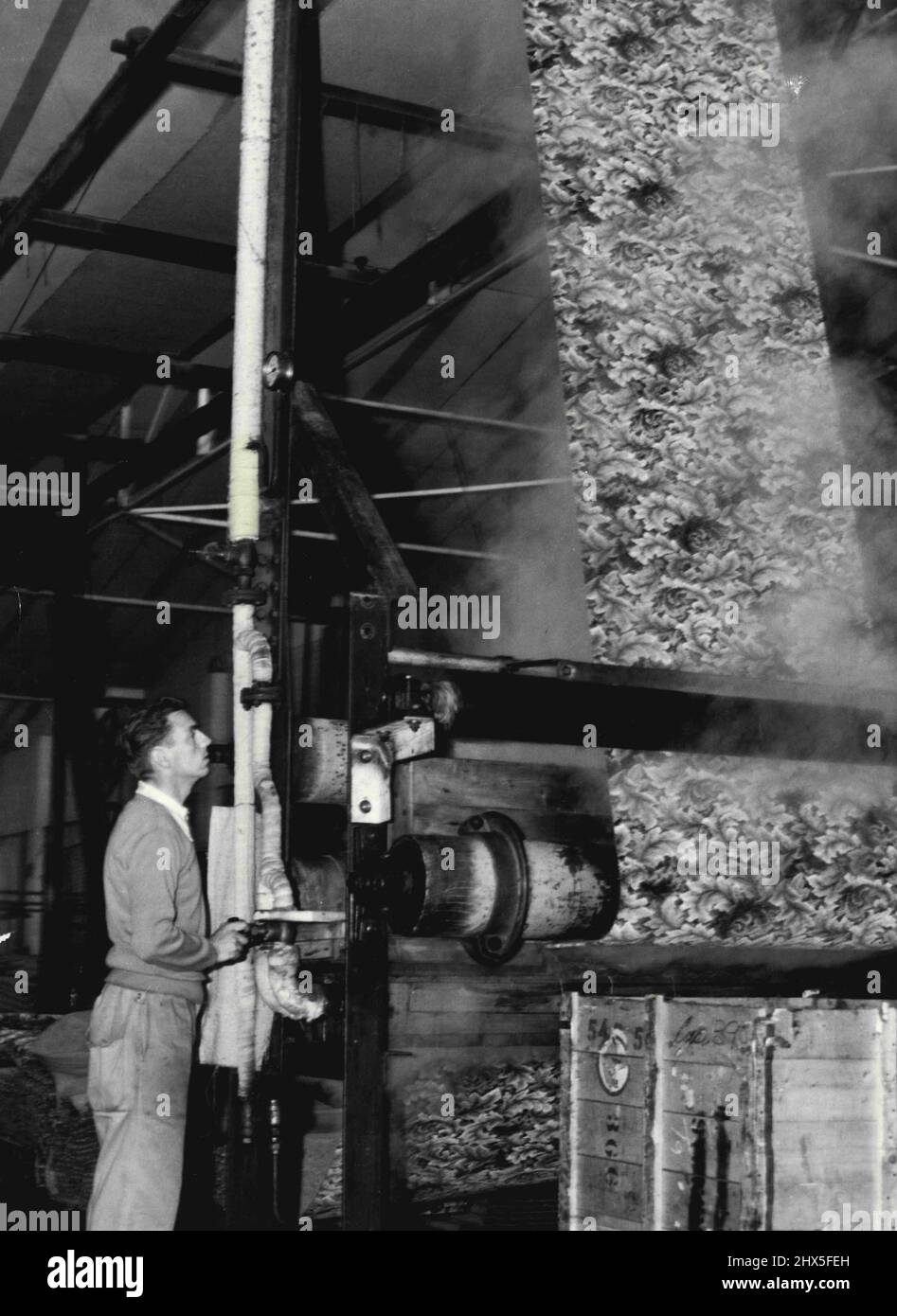 Lorsque les tapis sont finis dans l'usine Fivedock de Sydney, ils sont nettoyés à vapeur de cette façon, prêts à être expédiés. 26 juillet 1955. Banque D'Images