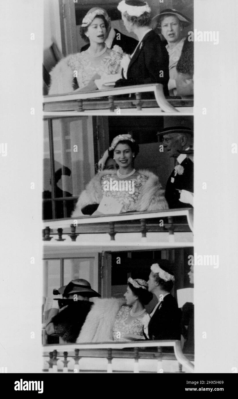 Queen à Ascot Ladies Day. La reine Elizabeth II de la Royal Ascot pour la Journée des dames aujourd'hui, le 17 juin, discute avec des amis dans la boîte royale et dans la photo du bas, souligne ce qui semble être une bonne chose pour son compagnon. 17 juin 1954. (Photo par photo de presse associée). Banque D'Images
