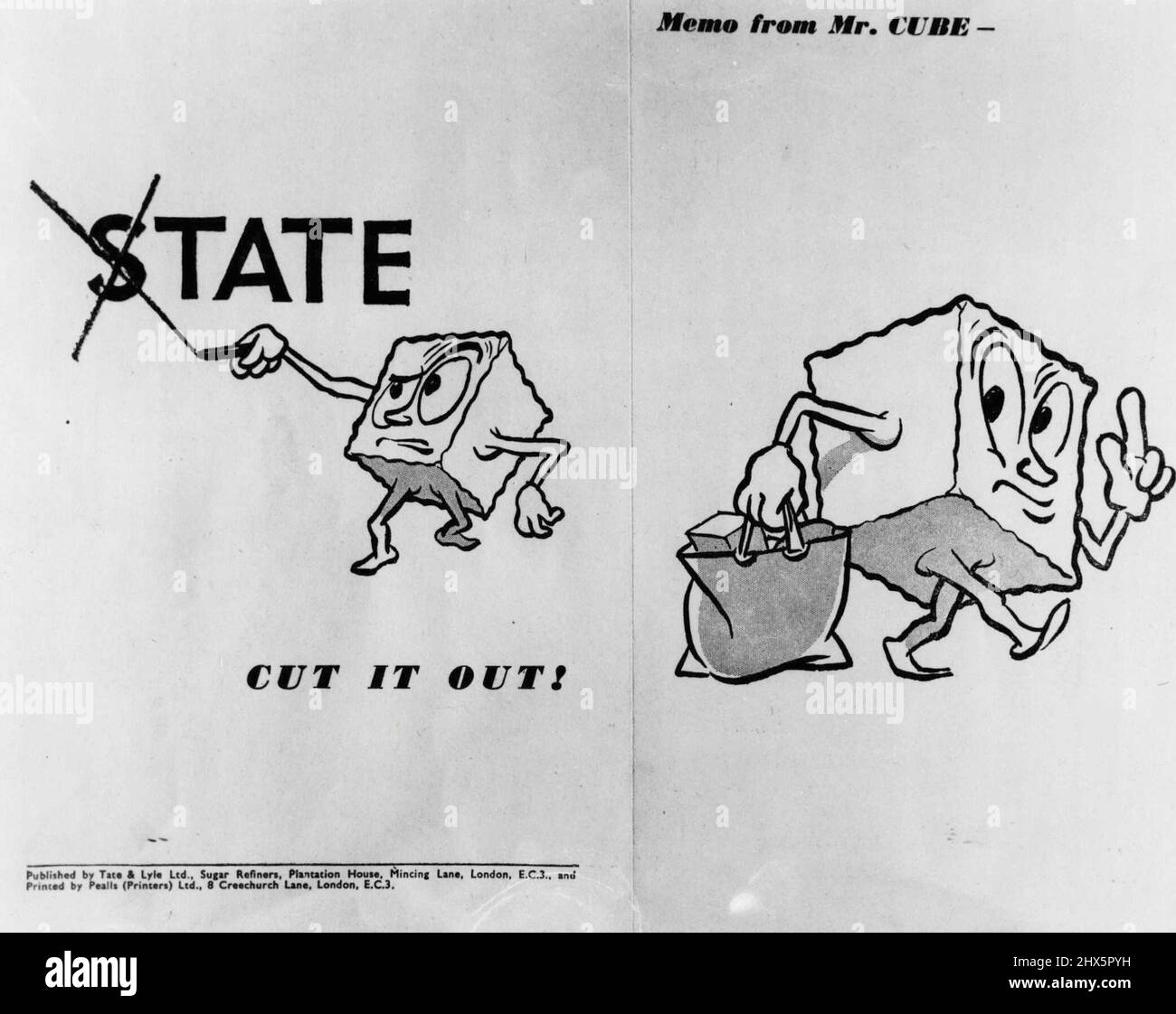 'Bitter Sweet' -- la figure de dessin animé cubique de Tata et de Lyle's 'Mr. Cube'. Des slogans comme ceux-ci font face à la femme au foyer sur chaque paquet de sucre. 01 janvier 1950. (Photo de Planet News Ltd.). Banque D'Images