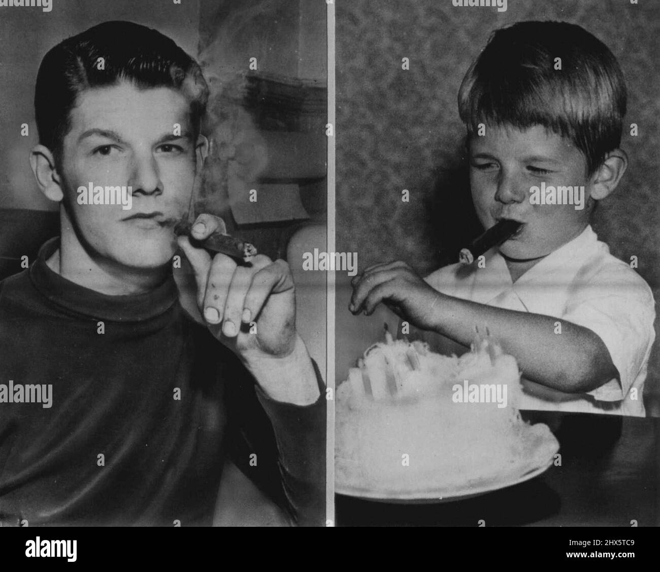 Le bébé fumeur de cigare grandit -- Charles 'Mickey' Norman, Jr.18 qui a gagné la renommée mondiale comme fumeur de cigare à l'âge de 14 mois, est assis avec le cigare sont tasse de café (à gauche) à sa maison ici hier comme il estime qu'il a fumé un total de 13 000 stogies. À droite Mickey, à l'âge de cinq ans, allume un cigare d'une des cinq bougies de son gâteau d'anniversaire. À l'époque, il était connu comme « la Prodigie de pupin Peewee de Paterson », mais aujourd'hui, son tabagisme de cigare est moins notoire. 10 mars 1950. (Photo par AP Wirephoto). Banque D'Images