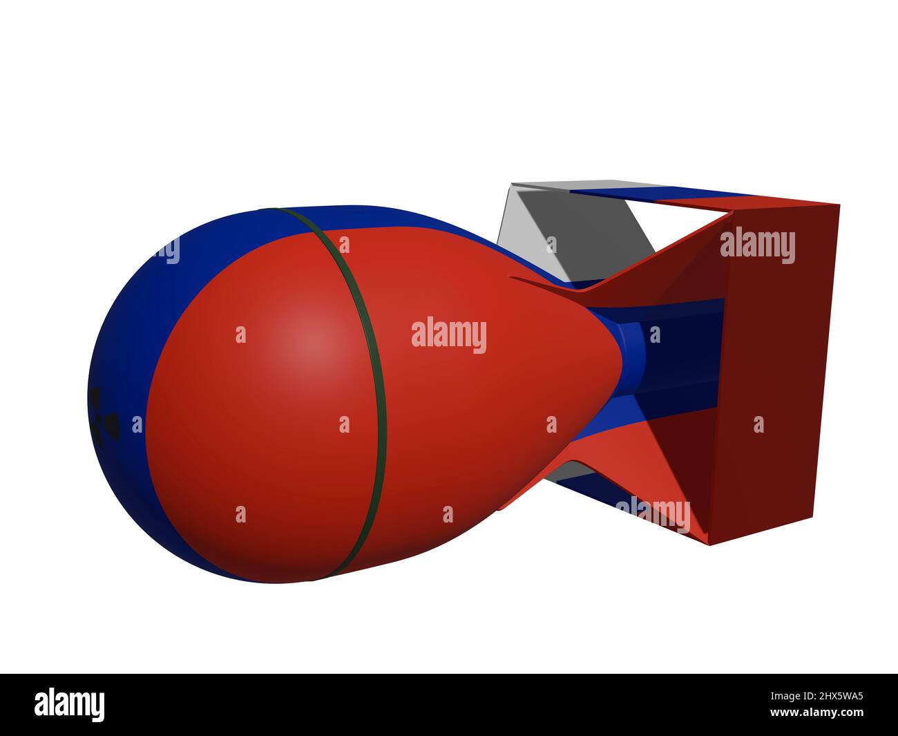 3D illustration d'une bombe nucléaire avec un panneau de mise en garde à rayons X et une peinture de drapeau russe sur celle-ci isolée en blanc. Banque D'Images