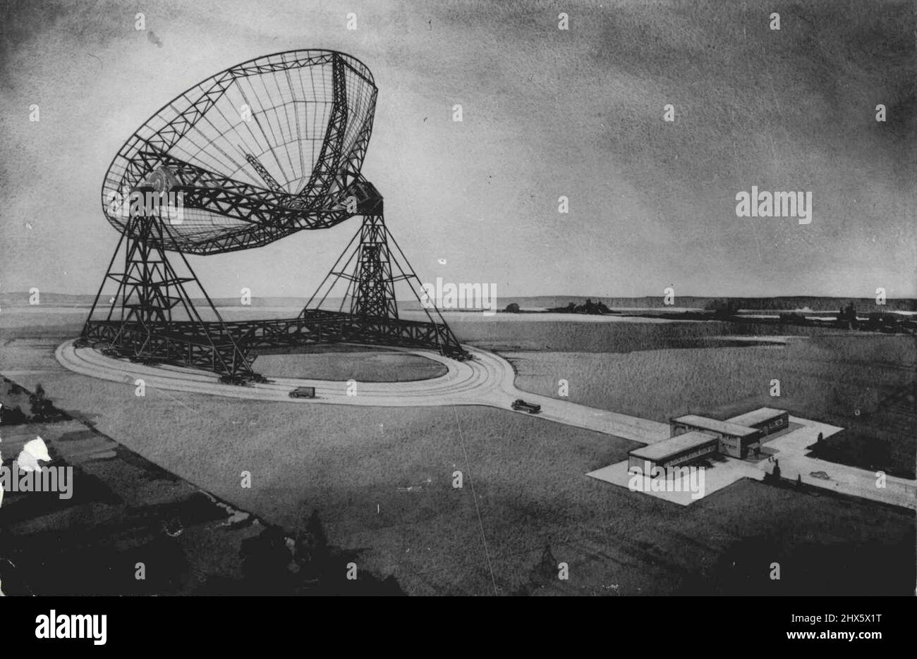 Le radiotélescope sera construit -- Un dessin à l'échelle du nouveau radiotélescope orientable, qui sera érigé à la station expérimentale de Jodrell. Son principal usage sera pour explorer l'univers et en savoir plus sur les mystérieuses "étoiles radio" invisibles. Les scientifiques de l'Université de Manchester ont été informés qu'ils pouvaient construire le radiotélescope Vas-y avec un miroir réfléchissant mobile de 250ft de diamètre. La construction coûtera 336 000 £. Le nouveau télescope utilisera des ondes radio au lieu de la lumière Banque D'Images