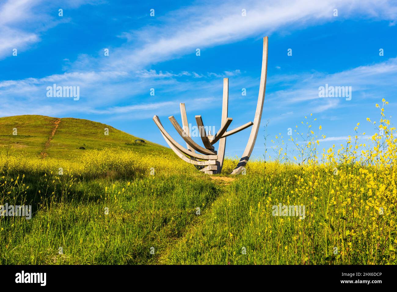 San Luis Obispo, CA /USA - 2 avril 2016 : structure de harnais en béton sur une colline verte recouverte de fleurs jaunes. Banque D'Images