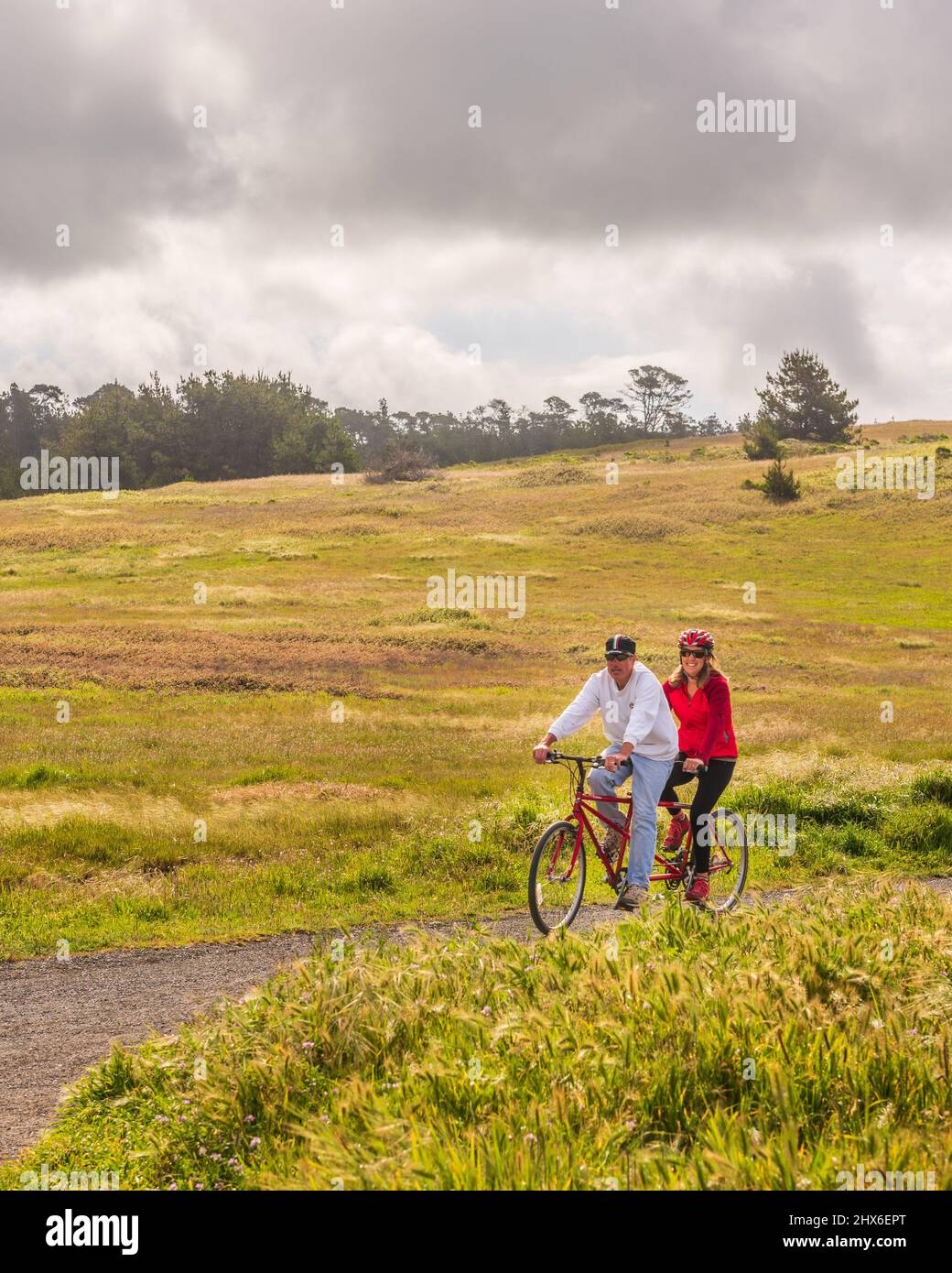 Cambria, CA /USA - 9 avril 2016: Un couple de bicyles à travers la campagne à Fiscalini Ranch Preserve à Cambria, Californie. Banque D'Images