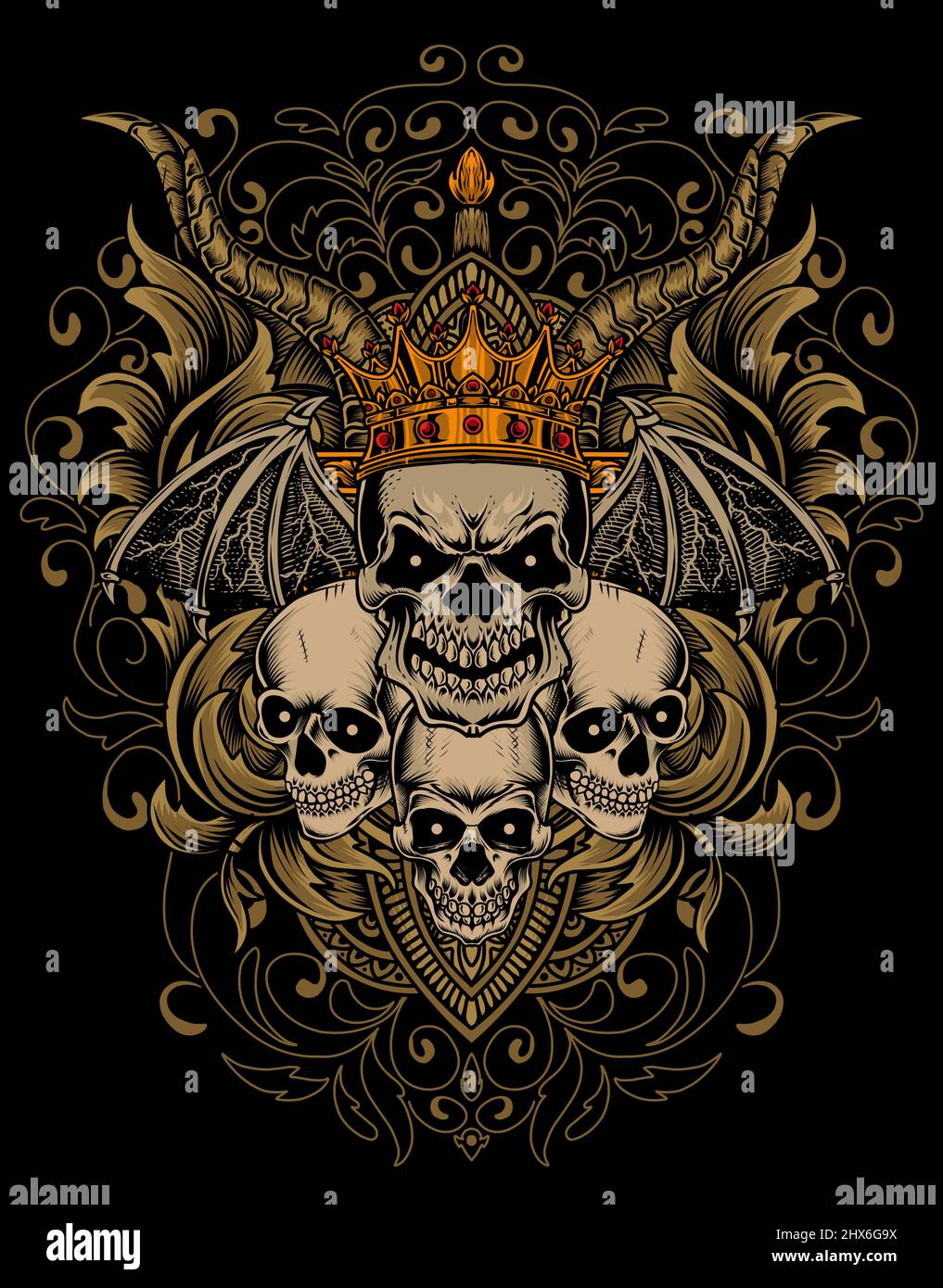 illustration crâne roi avec ornement gravure vintage Illustration de Vecteur
