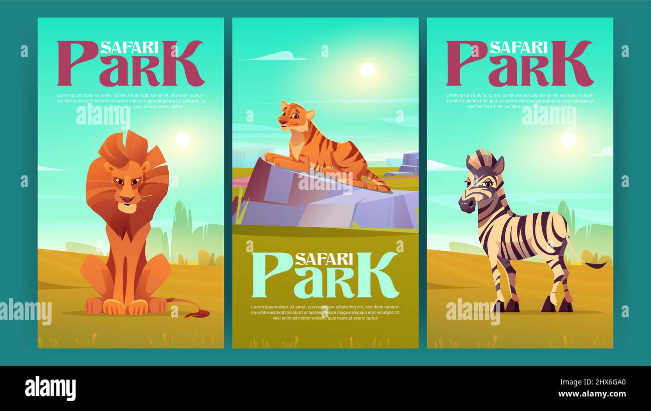 Affiches du parc safari avec animaux sauvages. Savannah tour caricatures invitation flyers avec des habitants de la jungle de lion, de tigre et de zébré africains dans la zone de zoo en plein air. Bêtes la vie dans la nature cartes d'invitation vectorielles Illustration de Vecteur