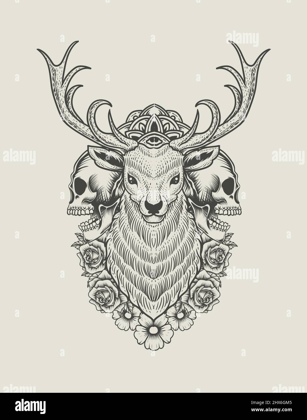 illustration tête de cerf vintage avec crâne et fleur de rose Illustration de Vecteur