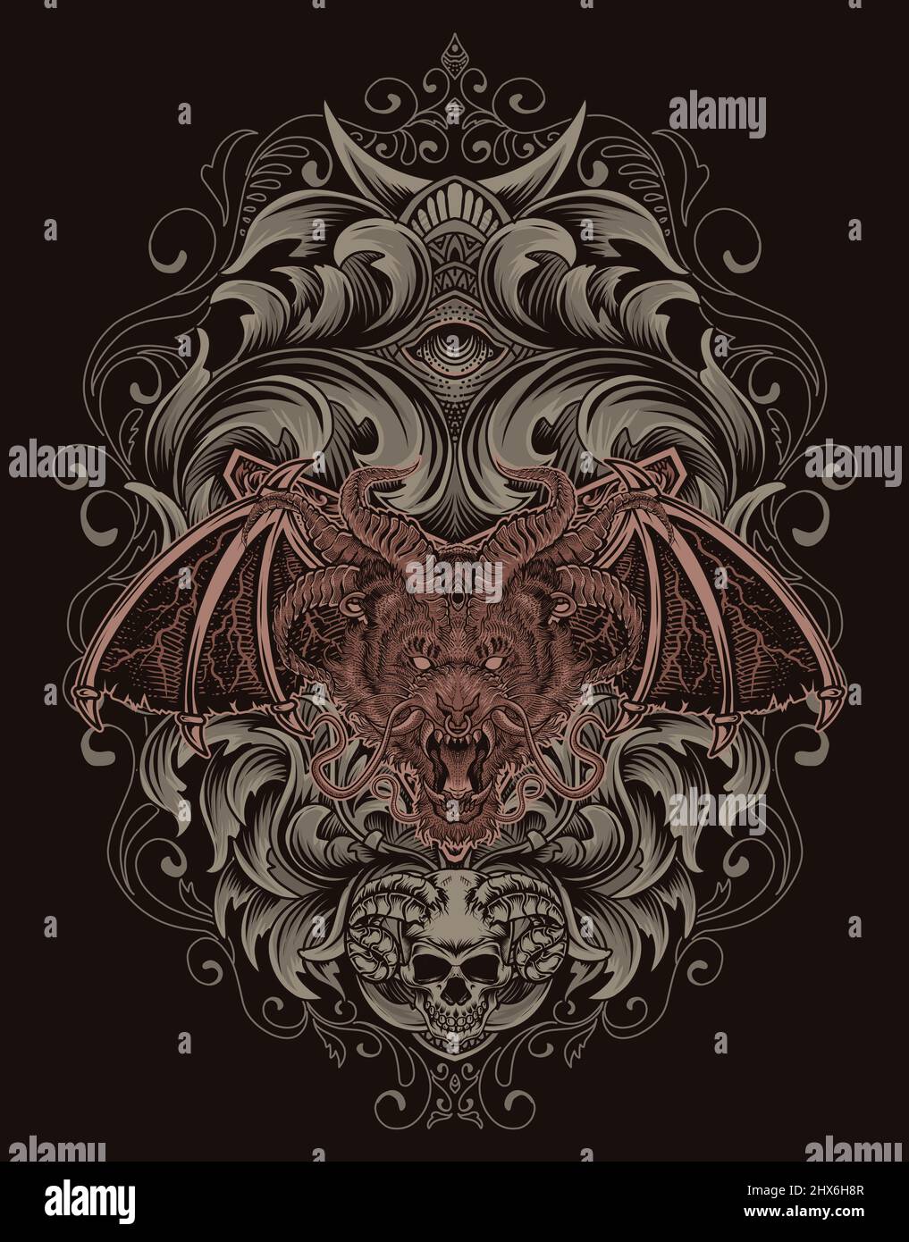 illustration tête de dragon avec ornement de gravure vintage Illustration de Vecteur