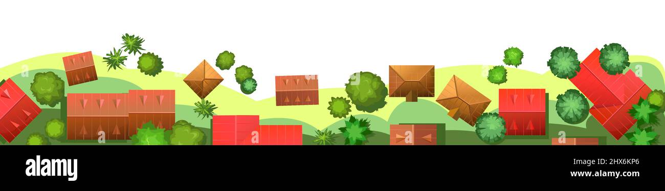 Rue de la ville frontière horizontale. Isolé sur fond blanc. Fragment d'une petite ville avec des arbres et des maisons. Vue de dessus. Mignon dessin animé style i Illustration de Vecteur