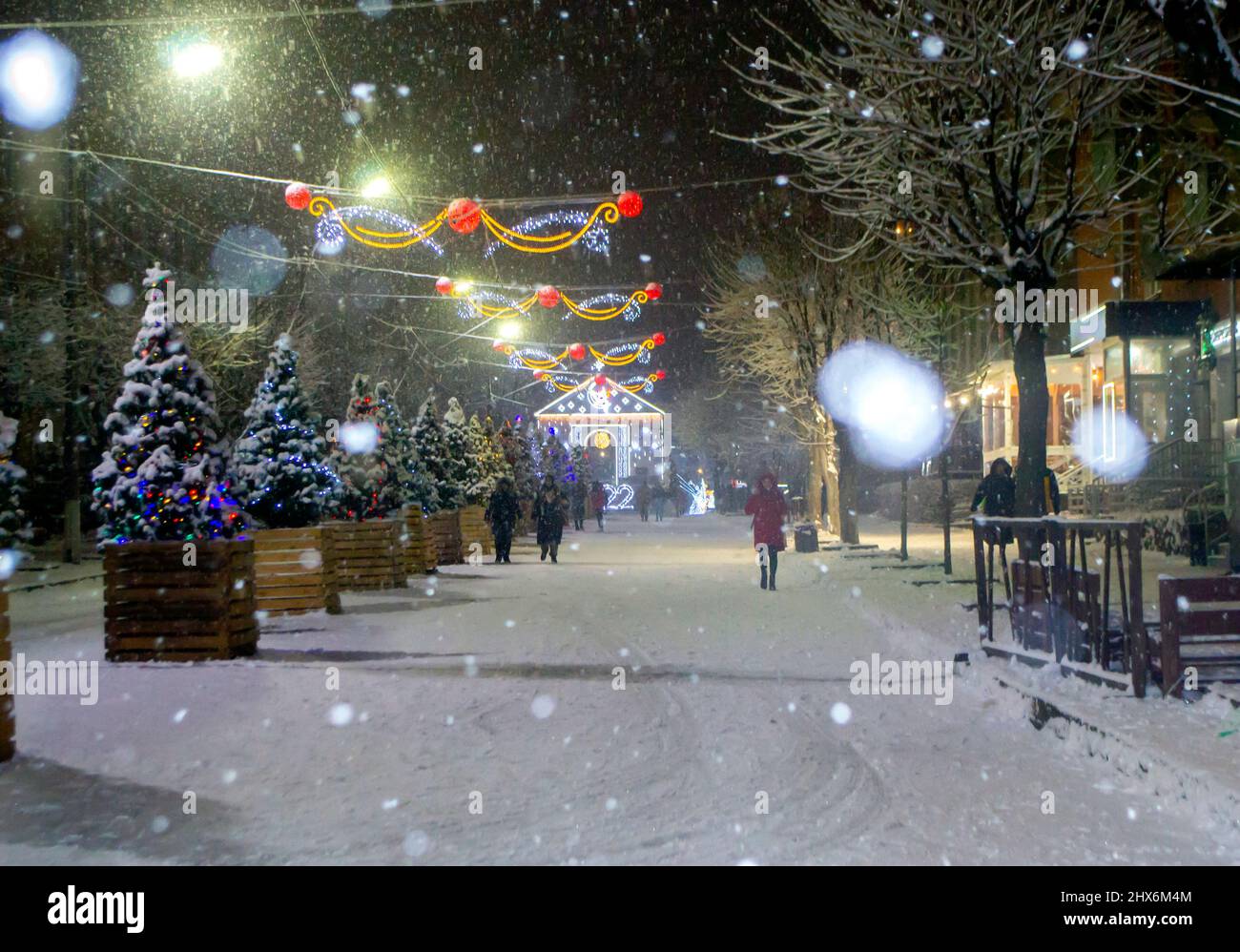 Rue de ville enneigée avec arbres de Noël et décoration lumineuse Banque D'Images