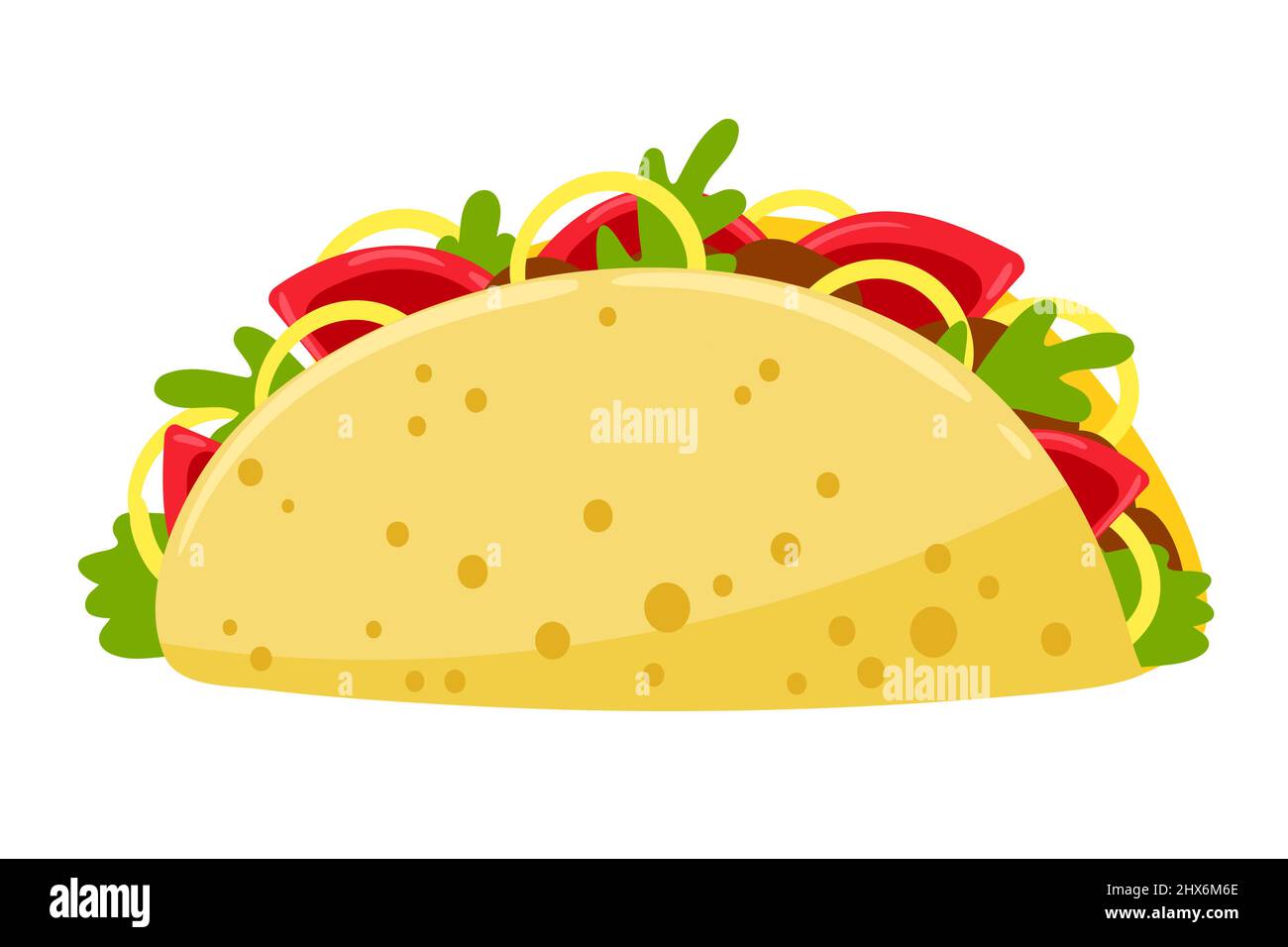 Dessin animé Taco avec viande et légumes illustration vectorielle cuisine traditionnelle mexicaine. Isolé sur fond blanc. Illustration de Vecteur