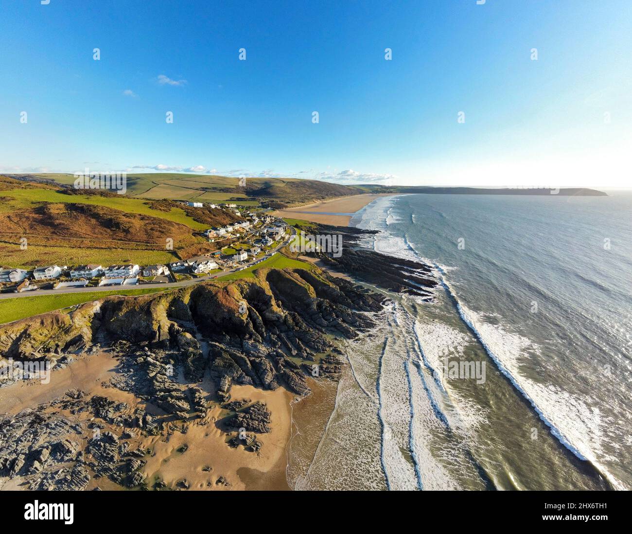 Vue aérienne des plages de Combesgate et Woolacombe - Woolacombe, Devon, Royaume-Uni Banque D'Images