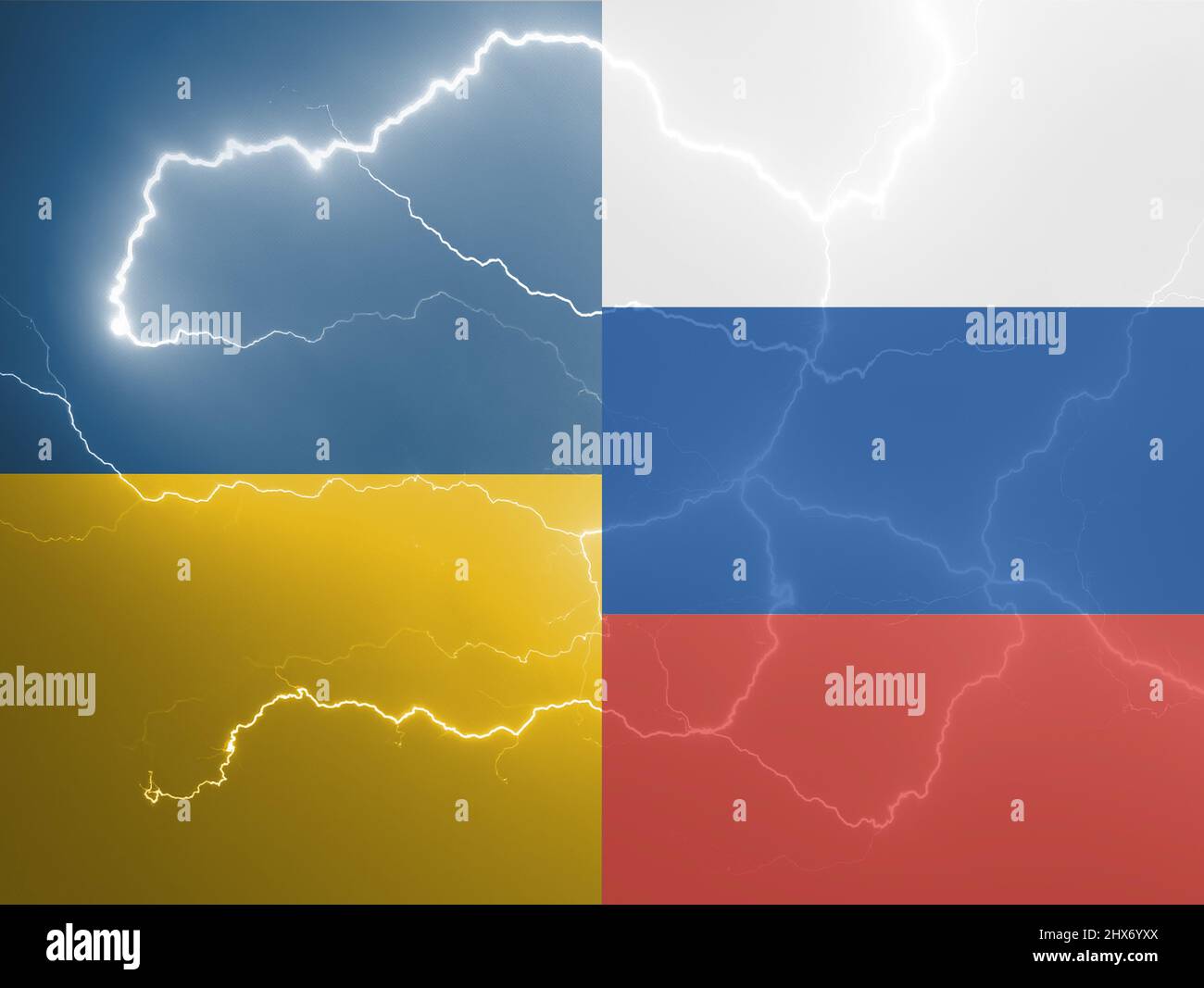 Drapeau ukrainien contre russe modèle avec la foudre, concept de guerre Banque D'Images