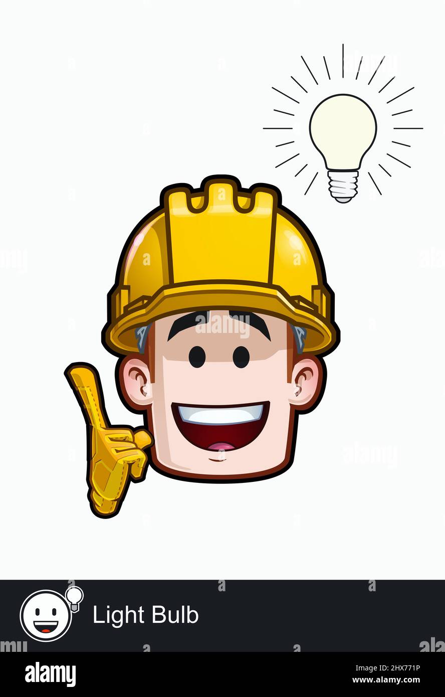 Icône d'un travailleur de la construction face avec avoir une idée - ampoule expression émotionnelle. Tous les éléments sont soigneusement présentés sur des couches et des groupes bien décrits. Banque D'Images