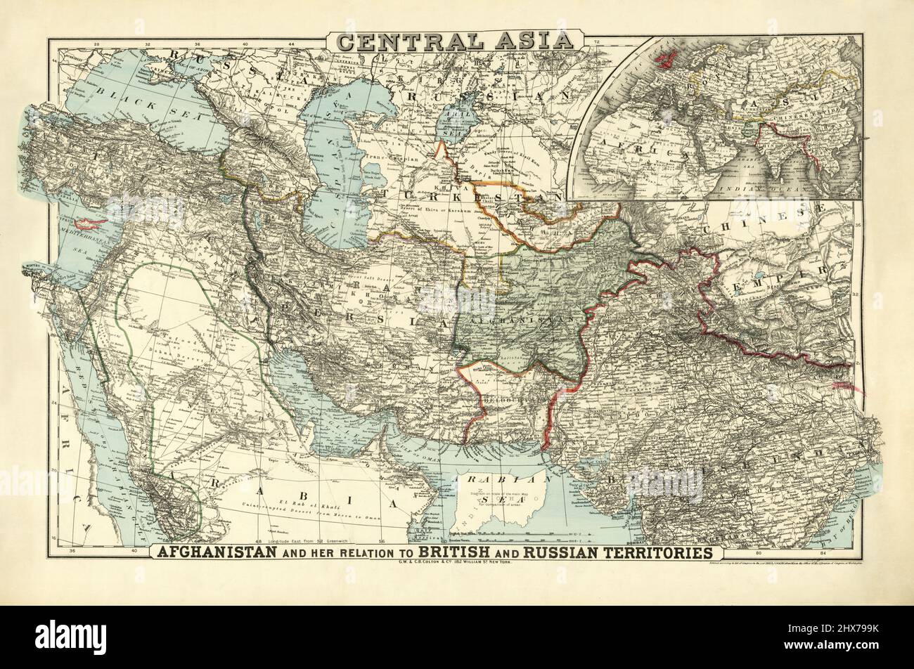 Asie centrale par G.W. ET C.B. Colton & Co. 1885. Moyen-Orient - Asie du Sud - Arabie. 1885. Banque D'Images