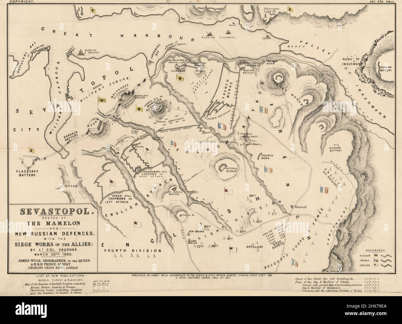 Carte d'époque - Sébastopol (Crimée), croquis du Mamelon et de nouvelles défenses russes, avec les œuvres de siège des alliés. Sevastopolʹ (Ukraine) 1855. Banque D'Images