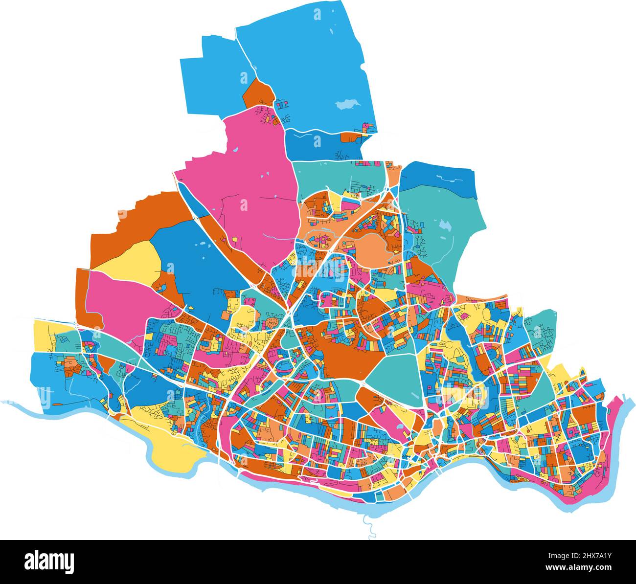 NewcastleuponTyne, Angleterre du Nord-est, Angleterre carte d'art vectoriel haute résolution colorée avec frontières de la ville. Contours blancs pour les routes principales. Beaucoup de detai Illustration de Vecteur