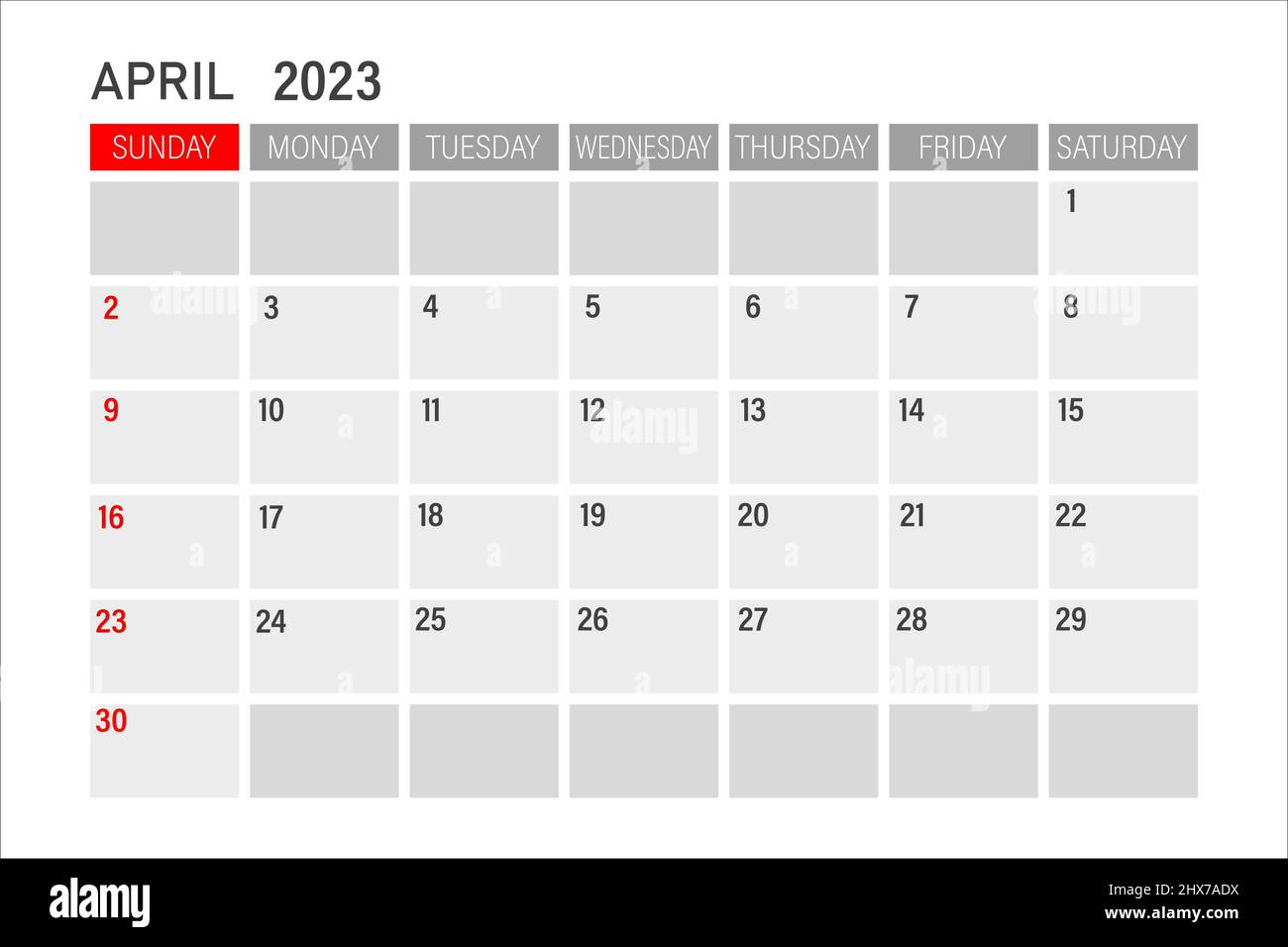 Calendrier Mensuel Avril 2023 Modèle De Calendrier D'avril 2023. Mise En Page D'avril 2023. Planificateur  Mensuel Imprimable. Calendrier De Bureau. Début De La Semaine Le Dimanche  Image Vectorielle Stock - Alamy