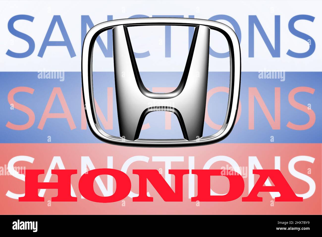 Logo Honda devant le drapeau russe. Sanctions contre la Russie suite à son invasion de l'Ukraine. Mars 2022, San Francisco, États-Unis Banque D'Images Logo Honda devant le drapeau russe. Sanctions contre la Russie suite à son invasion de l'Ukraine. Mars 2022, San Francisco, États-Unis Banque D'Images