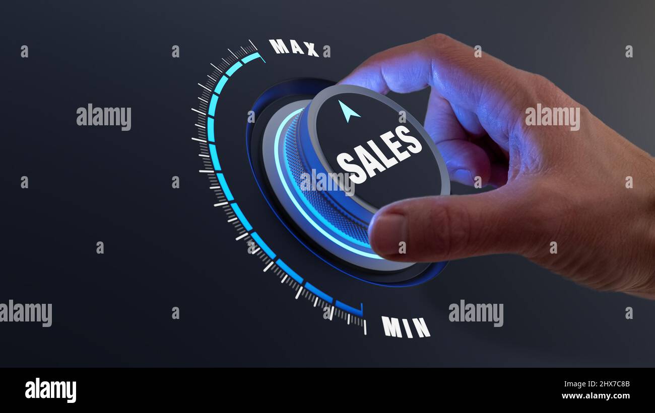 Augmenter le volume des ventes, les bénéfices et le concept de chiffre d'affaires. Stratégie marketing réussie améliorant la conversion des clients potentiels. Personne d'affaires tournant le bouton au maximum dans Banque D'Images