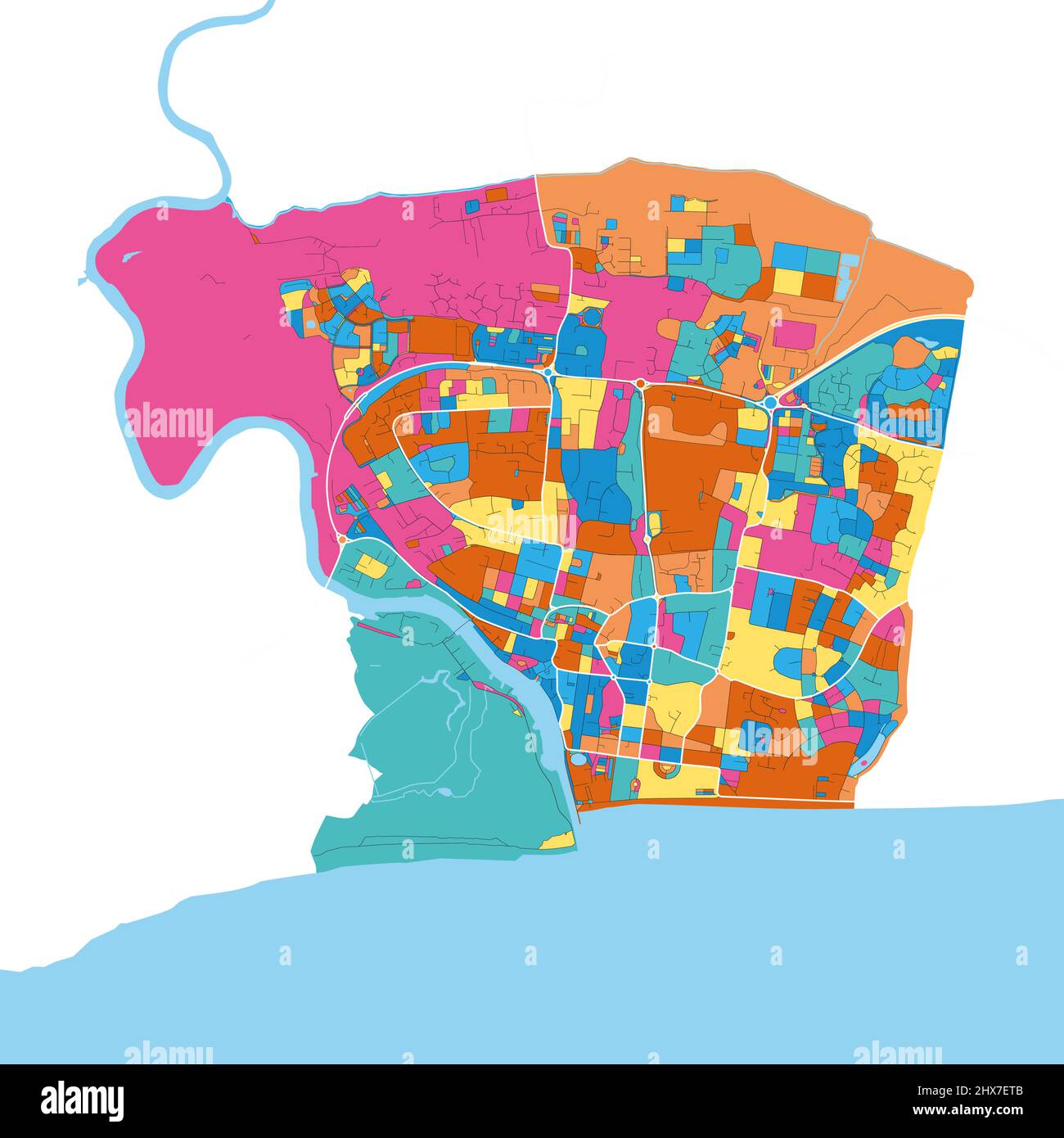 Littlehampton, Angleterre du Sud-est, Angleterre carte d'art vectoriel haute résolution colorée avec frontières de la ville. Contours blancs pour les routes principales. Beaucoup de détails. Illustration de Vecteur
