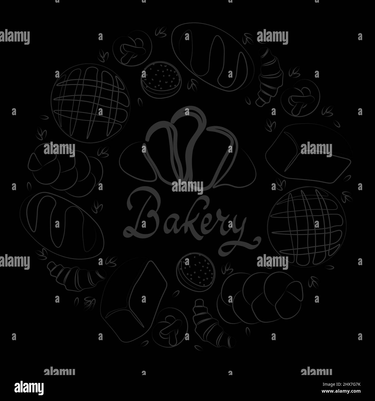 Design vectoriel tendance pour la boulangerie ou le café.illustrations de petits pains, pain, baguette et autres pâtisseries pour l'emballage, les étiquettes, ou la signalisation.Line art Illustration de Vecteur