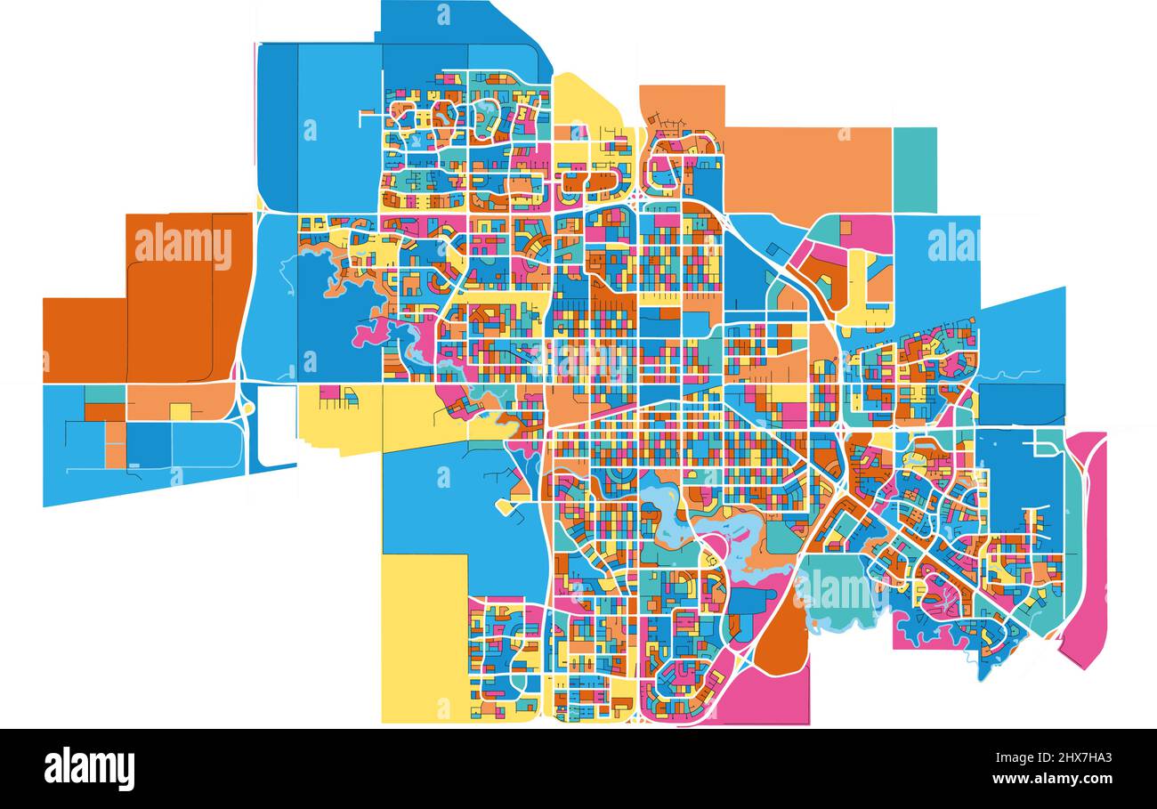 Regina, Saskatchewan, Canada carte d'art vectoriel haute résolution colorée avec frontières de la ville. Contours blancs pour les routes principales. Beaucoup de détails. Formes bleues pour Illustration de Vecteur