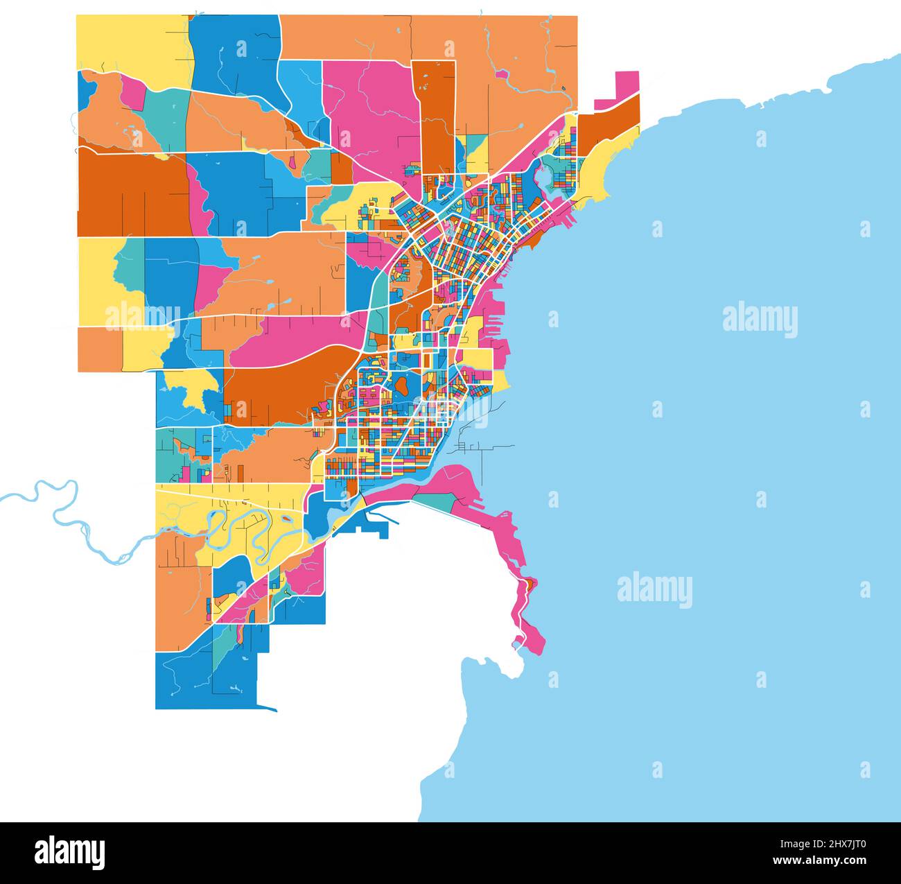 Thunderbay (Ontario), Canada carte d'art vectoriel haute résolution colorée avec frontières de la ville. Contours blancs pour les routes principales. Beaucoup de détails. Formes bleues pour Illustration de Vecteur