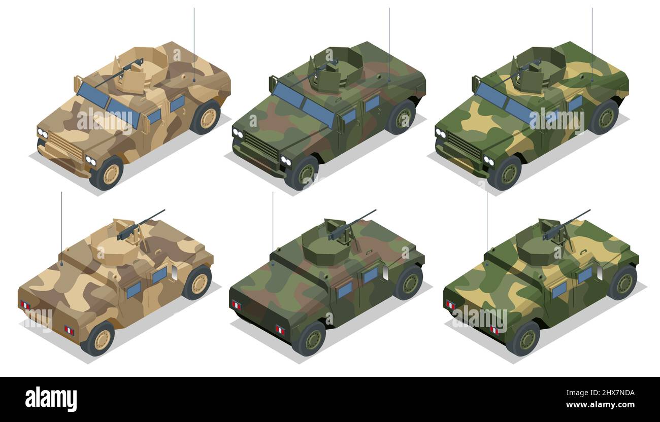 Voiture tout-terrain militaire isométrique. Véhicule d'infanterie blindé. Camions lourds, véhicule tout-terrain. Voiture blindée isolée sur fond blanc Illustration de Vecteur