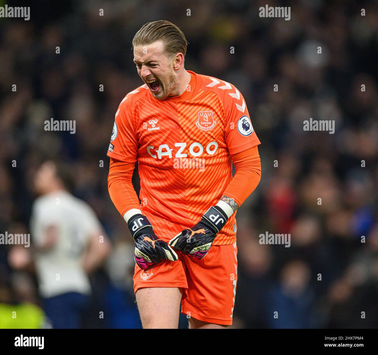 07 mars 2022 - Tottenham Hotspur v Everton - Premier League - Tottenham Hotspur Stadium le Jordan Pickford d'Everton réagit après avoir laissé entrer la seconde Banque D'Images