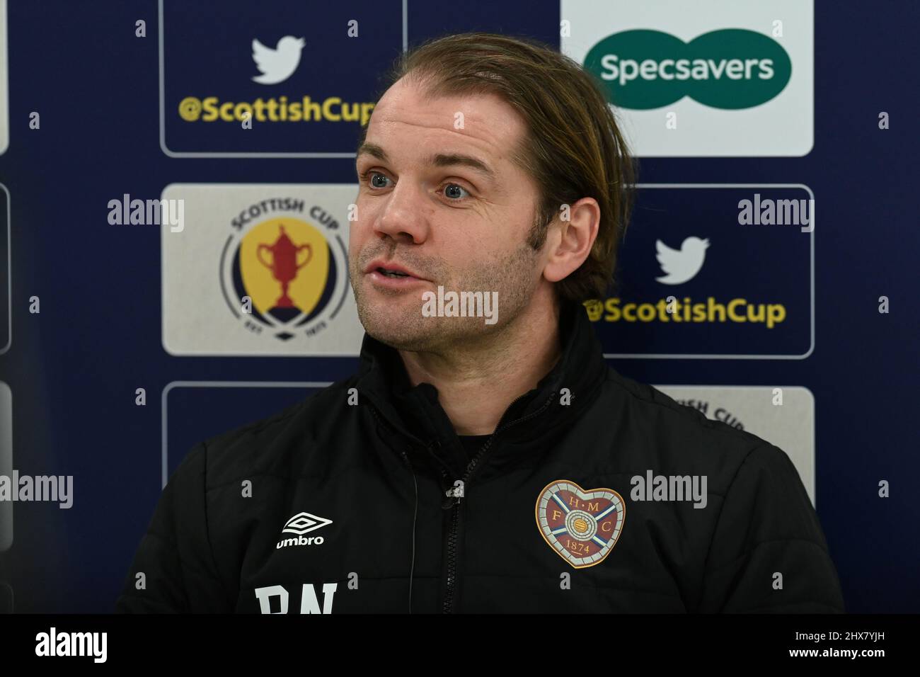 Oriam Sports Center Edinburgh.Scotland.UK. 10th mars 22 Robbie NeilsonPress, gérant de Hearts, Conference for Scottish Cup Tie vs St Mirren. Crédit : eric mccowat/Alay Live News Banque D'Images