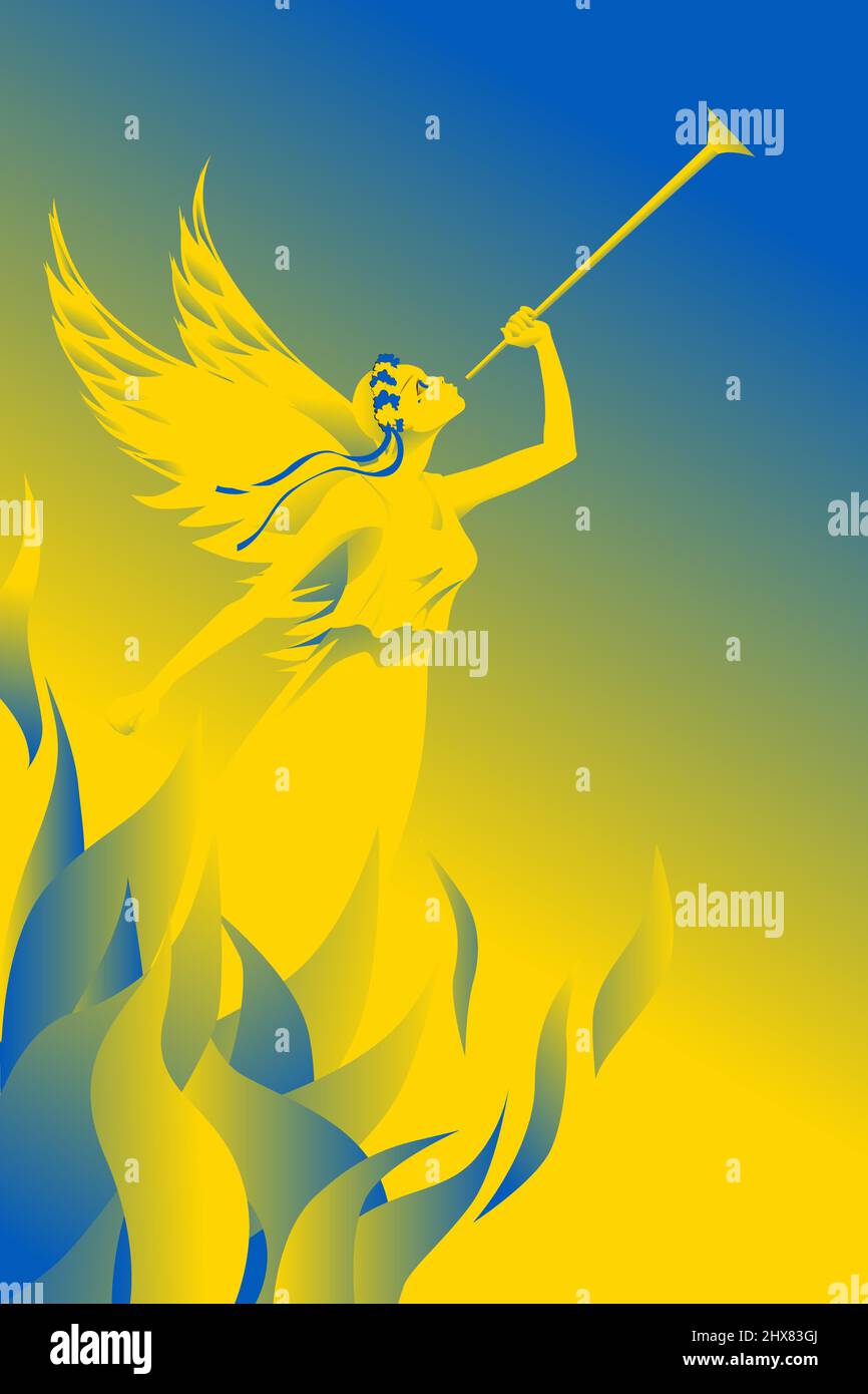Un ange trompettiste aux symboles ukrainiens appelle à l’aide. Le concept de guerre en Ukraine. Les couleurs du drapeau ukrainien, ciel sombre, ciel bleu a Illustration de Vecteur