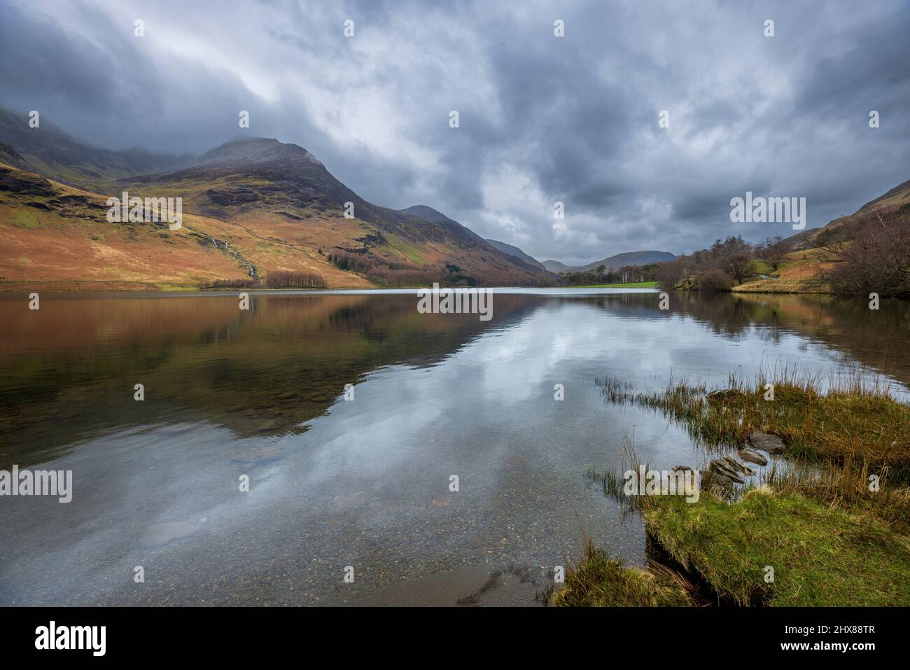 Cicatrice élevée du rivage est de Buttermere en hiver, Lake District, Angleterre Banque D'Images