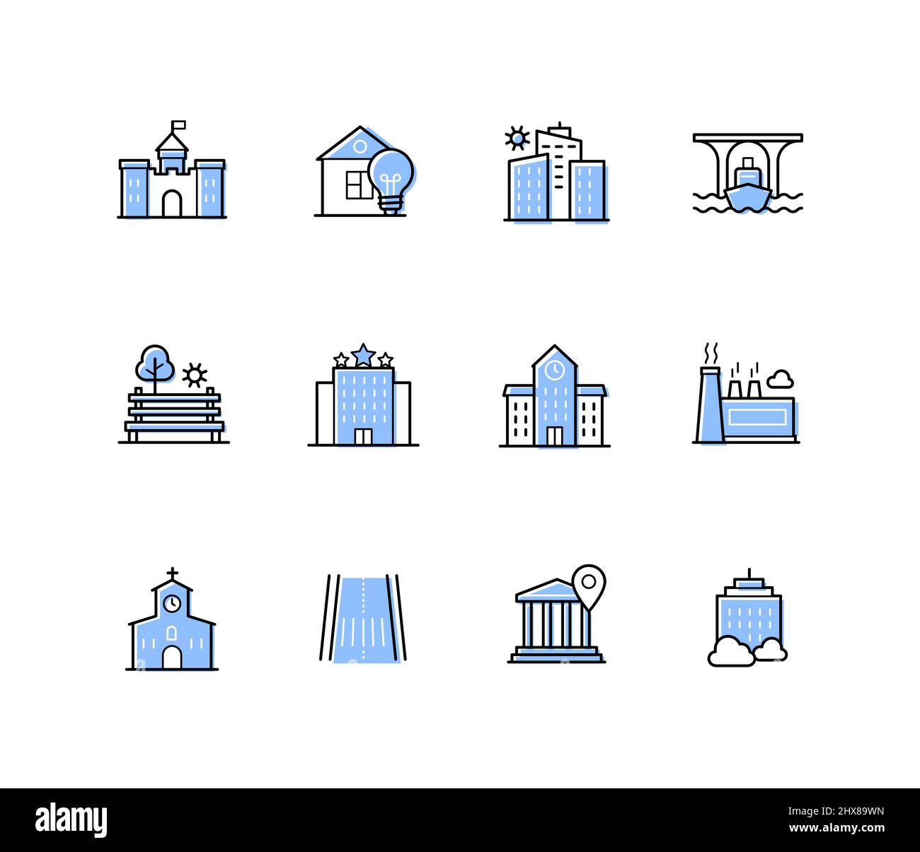 Bâtiments de la ville - icônes de style de design de ligne moderne avec un trait modifiable. Bâtiment résidentiel, musée, gratte-ciel, rivière, pont, parc, hôtel, école Illustration de Vecteur